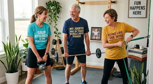 Three vibrant, fit older adults laughing and exercising in a home gym, wearing funny statement t-shirts about aging while performing functional longevity workouts like deadlifts, kettlebell swings, and resistance band training to prevent sarcopenia.