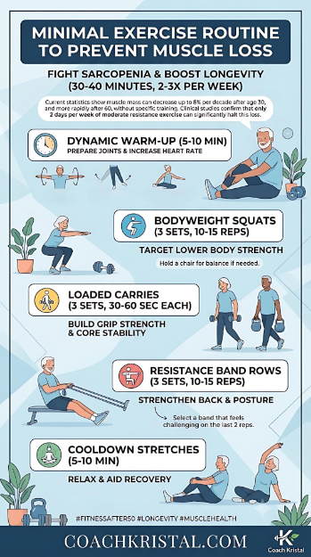 Professional infographic titled Minimal Exercise Routine to Prevent Muscle Loss by CoachKristal.com detailing a workout layout to fight sarcopenia including a dynamic warm-up, bodyweight squats, loaded carries for grip strength, resistance band rows, and cooldown stretches for active aging adults.